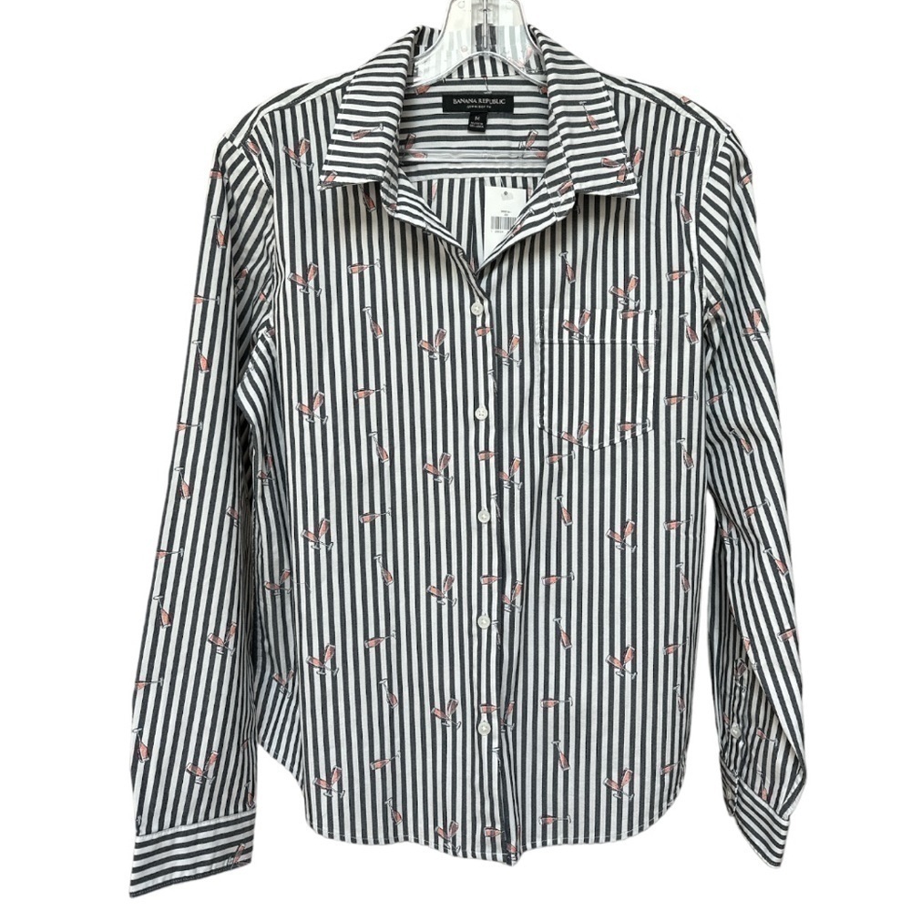 NWT Banana Republic Quinn Boy Fit Champagne Print Striped Button Down Shirt M